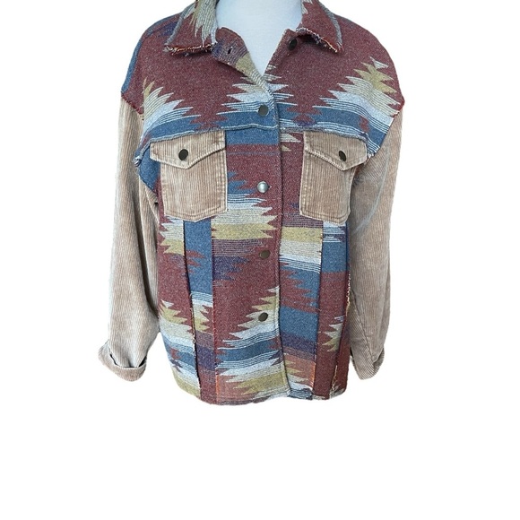 Pol Aztec Pattern Shacket Corduroy Sleeves Jacket Size L - Picture 1 of 5